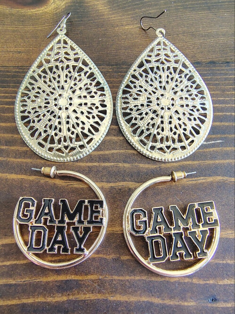 Gold Teardrop Filigree Earrings & Gold 'GAME DAY' Hoop Earrings